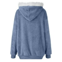 Dukseri za žene, ženski zimski kapuljač kardigan Fuzzy Fleece Coat patentni patentni rupski kopča u boji toplo plišana jakna Owewwer Plus veličina svijetloplava xxxxl