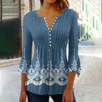 Pyju Žene Tuničke vrhove rukavi, labav FIT Spring Henley V izrez Majica Bell rukava Boemska cvjetna majica Bluza Trendy