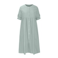 Pamučne platnene haljine za žene plus veličine gumne pune boje dolje V izrez majice kratkih rukava Midi