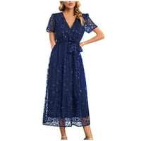Ženske haljine kratki rukav A-line srednje dužine Ležerne ljetne patchwork V-izrez Dress Blue M