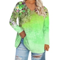 Ženske prevelike majice plus veličine T košulje Dugi rukavi Tunic Tops Labavi V izrez Gradient Vintage Cvjetni print Casual Majice Bluze Green 2xl