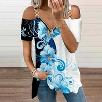 Ženski ležerni ušteda casual patentni zatvarač - izrez hladnog ramena tunika bluza s kratkim rukavima ljetna cvjetna grafička kaiševina dušica vrhunske labave bluze za vrećama Blue XL