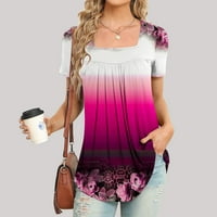 Ženske vrhove Dressy ljetni casual grafički cvjetno trendi bluza labav majica Square Carlar kratki rukav Ispis Hot Pink XL