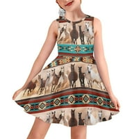 Aztec etničko geometrijsko konje Djevojke bez rukava bez rukava Dužina Hailday Midi Sundress Stretchy Twirly klizač haljina za veličinu odmora 13- godina