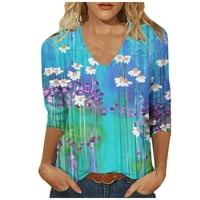EFSTEB ženske majice lagani modni osnovni vrhovi cvjetni tiskani V-izrez na rukavu Ležerne prilike sa labavim pulovernim bluzama, plavi xl