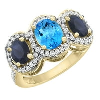 14k žuto zlato prirodni švicarski plavi topaz & hq plavi safir 3-kameni prsten ovalni dijamant, veličina
