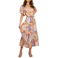 Sayhi dame Ljetna modna haljina čipkasta tiskana V izrez Haljina kratkih rukava duge haljine ljetna haljina za tinejdžere