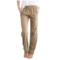 Pgeraug široke pantalone za noge za žene Čvrsti ravni posteljina i dugo elastične pamučne hlače za žene