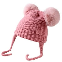 0-1Dodloška topla pletena šešir - zimska djeca čvrste boje dvostruka kugla za kosu za vez za vez djeca pletena šešir Pink