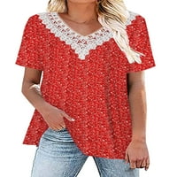 HAITE DAMIES Ljetni vrhovi cvjetni print majica V izrez majica za žene Pulover kratki rukav Tee crveni