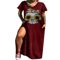 Colisha Women Maxi haljine V izrez Ljeto plaža Sundress kratki rukav dugačak haljina punk stil za odmor za prazničnu lubulo vino crveno-a m