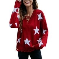 Hvyesh ženski u slučajni zvezni džemper sa dugim rukavima UP up V izrez pleteni pulover Trendy šuplji grafički džemperi