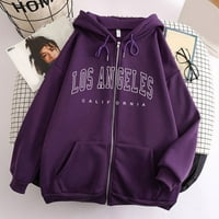 Womans Duksetshirts pismo Ispis kapuljača s kapuljačom s dugim rukavima Zip Up Tops Casual Duksera Duks Purple XL