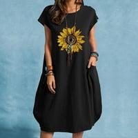 Ženski ljetni pamučni i posteljinski cvjetni print casual kratki rukav sa džepnim pogradom Labava haljina