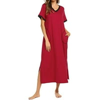 Ženske džepove čvrstih boja Midi haljina kratki rukav labavi bočni split haljina V vitka haljina crvena