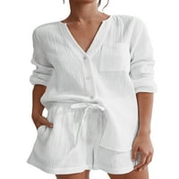Bomotoo žene Dvije odijelo Lounge set dugih rukava majica casual trenerke PJS sa džepovima i kratke hlače za spavanje bijele s