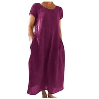 Haljina za žene Ljeto Ležerne prilike, pune boje kratkih rukava O-izrez za šivanje labavog džepa pamučna