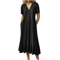 Bazyrey Maxi ljetne haljine za žene Ležerne prilike ljetne haljine ženski V-izrez labav kratki rukav A-line ljetna haljina crna m