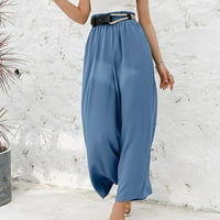 Symoidni ženske casual pantalone - Ležerne prilike pune pamučne posteljine rastezanje pune duljine široke noge hlače plave s