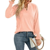 Pamučna majica s dugim rukavima s dugim rukavima Ljetna majica ženske casual v izrez labavi čvrsti boja