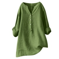 Cacommmark Pi ženske košulje dugih rukava Plus veličina bluza vrhova V-izrez Loose gumb pamučne platnene tuničke majice
