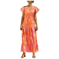 Haljine za žene Ženska A-line kratki rukav V-izrez cvjetni dugi gumb vruće prodaje A-line haljine narandžasti