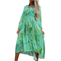 Zanvin Fall haljine, ljetni cvjetni tisak dugih haljina preklopa s dugim rukavima V-izrez s uzročnoj haljini ispod koljena haljina, zelena, xxl