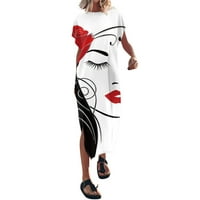 Ženske haljine klirence okrugli dekolte Moda Maxi tiskana Ljetna haljina s kratkim rukavima bijela 2xl