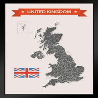 Mapa Velike Britanije sa zastavom Art Print Crni drveni okviran poster 14x20