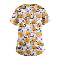 Halloween Majice za žene Ženske jesene modne dame kratki rukav V-izrez Halloween Ispis džep njegovateljima bijela l