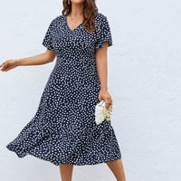 Ženska plus veličina Polka Dot Summer Case Case Roho Haljina za žene V izrez kratkih rukava Swing Flowy Hem A-line kratke haljine midi sunčana haljina, xxxl