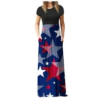 Ženska casual labava džepna duljina dress dress-duljina kratkih rukava Ljetna američka zastava tiskani okrugli vrat haljina za neovisnost dana u trendu