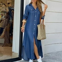 Ljetne haljine Trendi labav dugi rukav džepni majica Dugme Print Maxi haljina s rukavima plave s