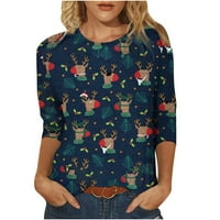 Božićni pulover vrhovi za žene casual rukava tunika labavi fit cvjetni ispisani bluza O-izrez dame majice