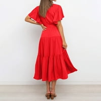 Ljetne haljine Čvrsti V-izrez A-line srednje dužine FIT haljina s kratkim rukavima za ženske ležerne haljine na klirensu crvene m