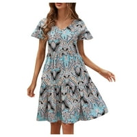 Elegantne haljine za žene cvjetni visoko struk ljeto iznad koljena okrugli izrez A-line kratki rukav