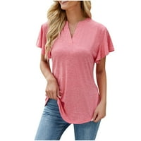 Lovskoo Ljetni vrhovi za žensku košulju Trendi kratki rukav V- izrez čvrste boje rever ružičaste