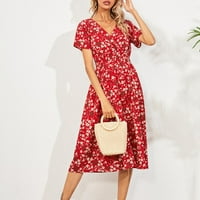 Duge haljine za žene cvjetni ispis A-line V-izrez Swing haljina s kratkim rukavima Ležerne prilike ljetne