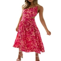 Žene Ljeto Midi haljina Čvrsta boja cvjetni ispis špageta remen poprečna kravata bez rukava bez rukava modna zabavna haljina, s m l xl