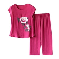 Dva odijela za žene, ženska dva salona set sa okruglim vratom s kratkim rukavima slobodne top obrezive hlače izgubljene noge hlače pulover odijelo duks vruće ružičasto