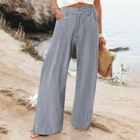 Žensko dugme Elastične hlače visoke struke Široko noga Flare Pant Solid casual labave duge pantalone sa džepom