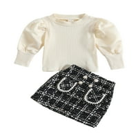 Toddler Baby Girl Jesen Zimska odjeća Turtleneck Solid pletene pulover vrhove Plaid gumb Mini suknje