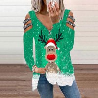Smanjena i klirenska prodaja božićne majice s dugim rukavima za žene Trendy Slatka jelena ispis zip
