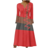 APEPAL ženska casual moda Solid Džep u boji V-izrez Dugi rukav Dress Red M