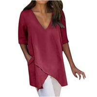 Ženska bluza Ljeto vrhovi labavi V izrez Polu rukav majica Plus size pamučne majice za žene za žene nepravilni rub