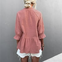 Ženski ljetni bluze V-izrez bluza s čvrstim rukavima ružičastim l