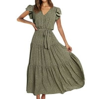 Ljetne haljine za žensko čišćenje kratkih rukava V-izrez Haljina uzorak ženske haljine casual haljina za plažu Duljina čaja, zelena, s