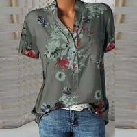 Cvjetni vrhovi za žene labave V rect Gumb dolje majice kratki rukav džepni odjeća vrhova siva xl