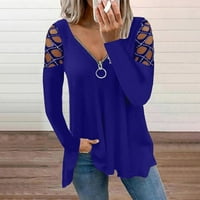 Ženski vrhovi dugih rukava čipke casual labave bluze Žena V-izrez Majica Jesenja bluza Zipper Tops Blue