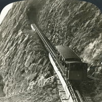 Švicarska: Mt. Pilatus. Željeznička željeznica Mt. Pilatus - Automobil koji se približava samitu, Švicarska. ' Stereograf, C1908. Poster Print by